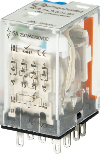 Промежуточное реле; 4 перекидных контакта 6А (= 24В DC) блокируемая кнопка проверки + светодиод
