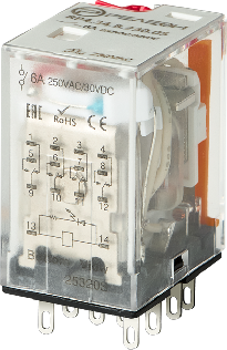 Промежуточное реле; 4 перекидных контакта 6А (~ 230В AC) блокируемая кнопка проверки + светодиод