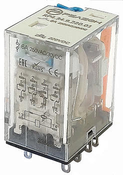 Промежуточное реле с нормированным коэффициентом срабатывания 0,65 Un; 4 перекидных контакта 6А (= 220В DC) блокируемая кнопка проверки + светодиод
