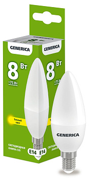 Лампа LED C35 свеча 8Вт 230В 3000К E14 GENERICA Лампа LED C35 свеча 8Вт 230В 3000К E14 GENERICA