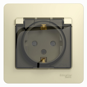 GLOSSA РОЗЕТКА с заземлением со шторками с крышкой, 16А, IP44, в сборе, БЕЖЕВЫЙ